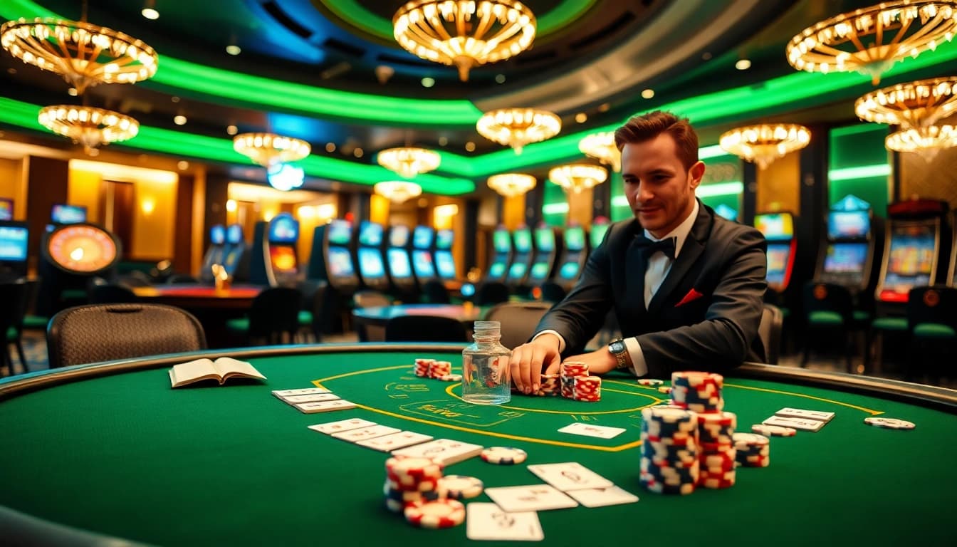SCLUB88 offers a vibrant casino experience with poker chips, cards, and roulette in a luxurious setting.