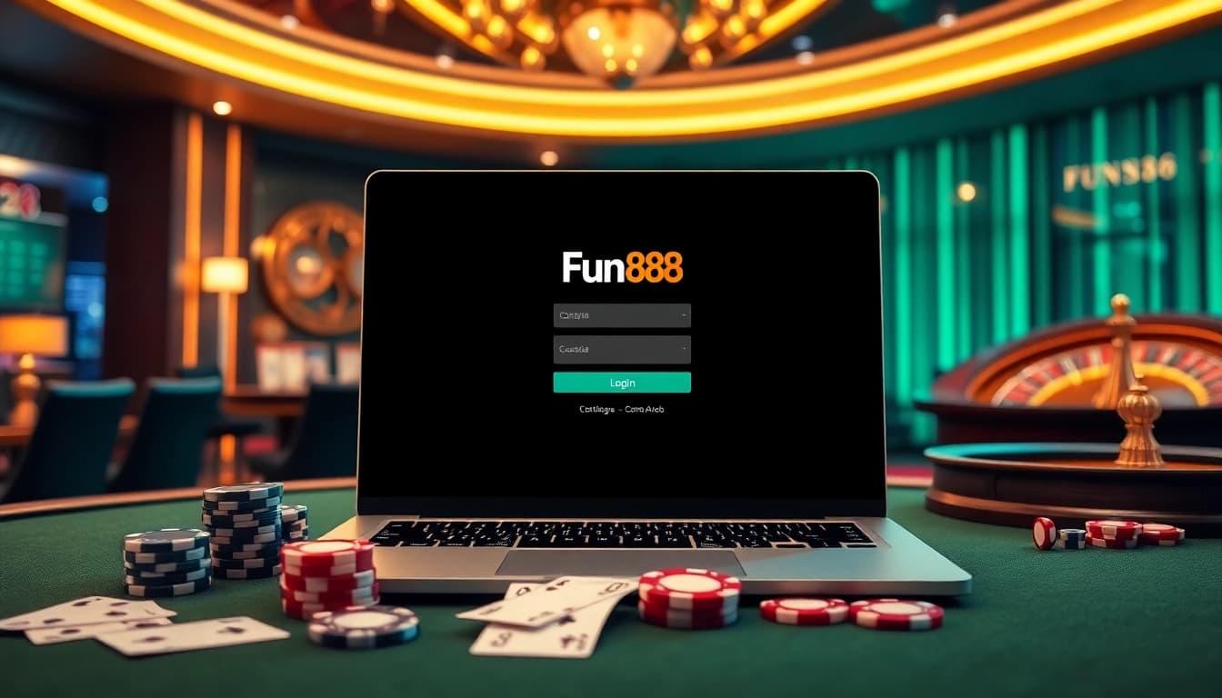 Engaging online casino scene showcasing fun88 đăng nhập on a laptop with poker chips and cards.