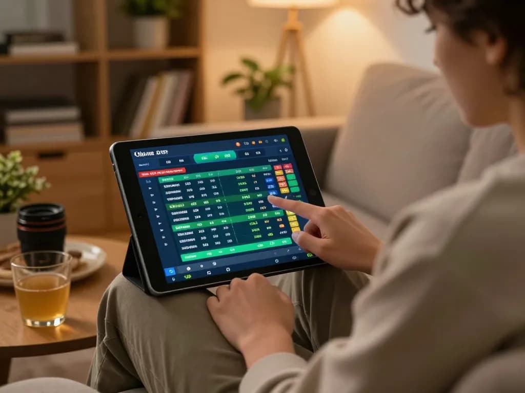 Wagering on MB88 TRANG CHỦ through tablet, showcasing live sports betting excitement in a cozy setting.