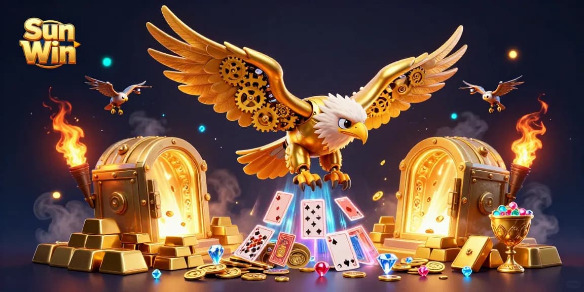 Experience thrilling wins at Sun Win with a cybernetic eagle soaring among vibrant casino treasures and cards.