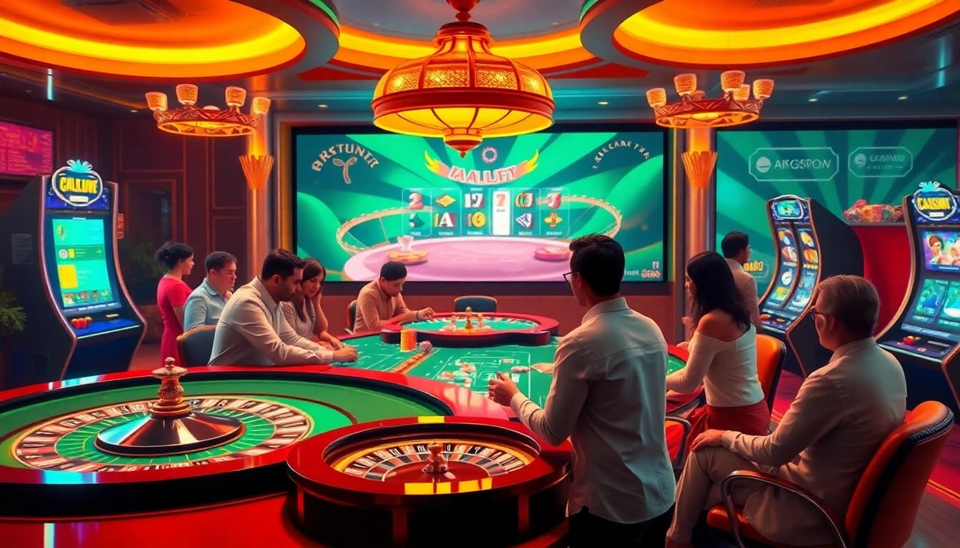 Engage in thrilling online gaming at https://lc88.bio/ with vibrant casino tables and poker chips.