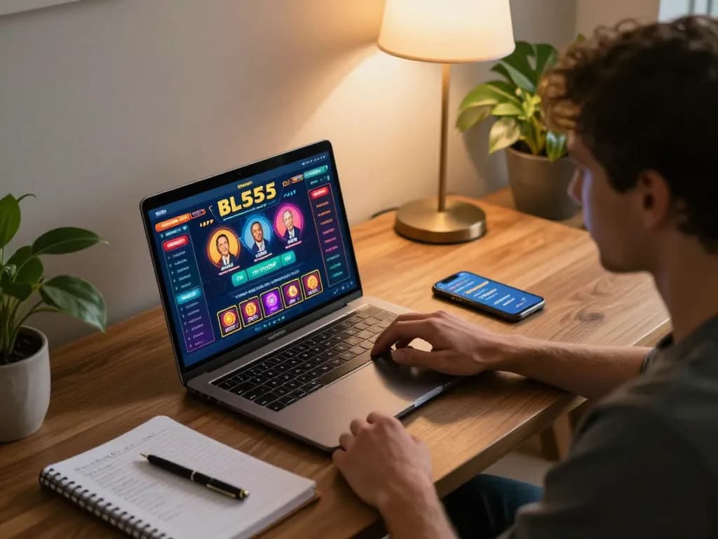Engaging player enjoying BL555 online casino game with strategic notes and vibrant graphics
