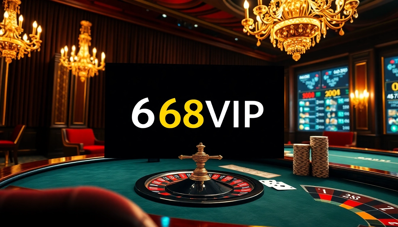 Immerse in the thrill of 68VIP online casino with a luxurious gaming scene and elaborate casino elements.