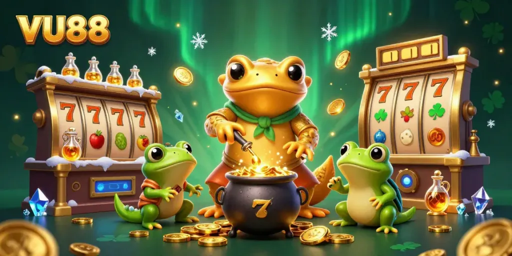 Engage with VU88's thrilling slots, featuring a lively alchemist and sparkling gold connections in an enchanting casino