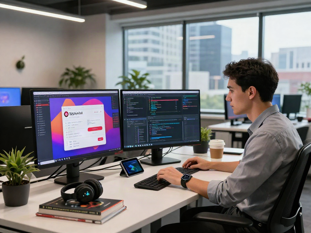 Developer immersed in coding for spicychat in a vibrant tech workspace, multiple screens showcasing UI designs.
