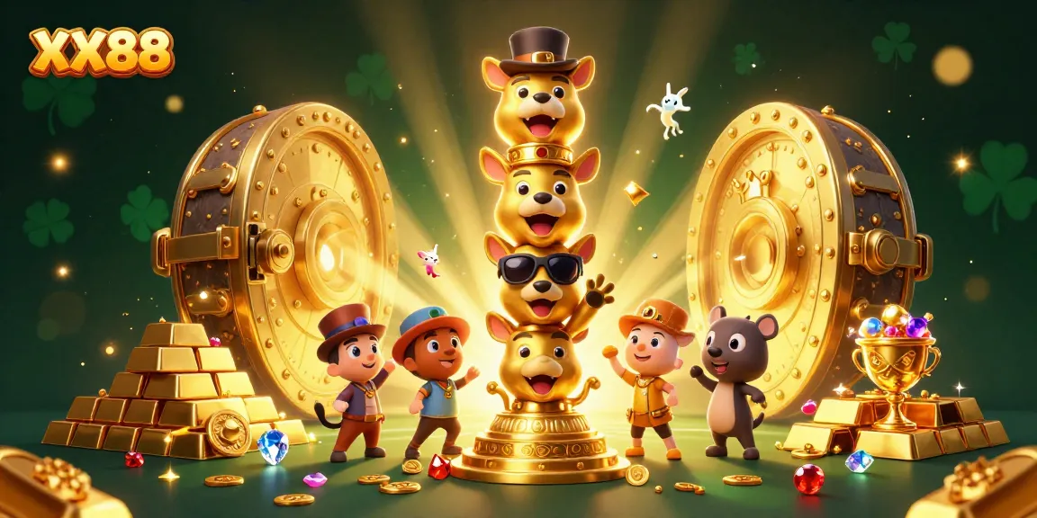 Experience exhilarating gameplay at XX88 with dynamic casino elements, vibrant gold treasures, and engaging characters.