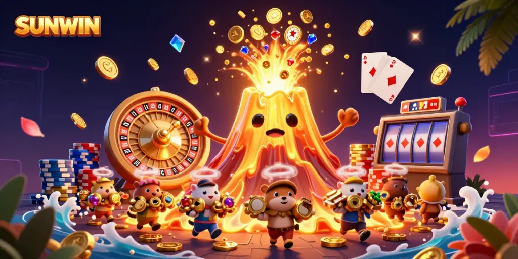 SUNWIN showcases a dynamic scene with a golden volcano erupting coins, treasure, and vibrant casino elements.