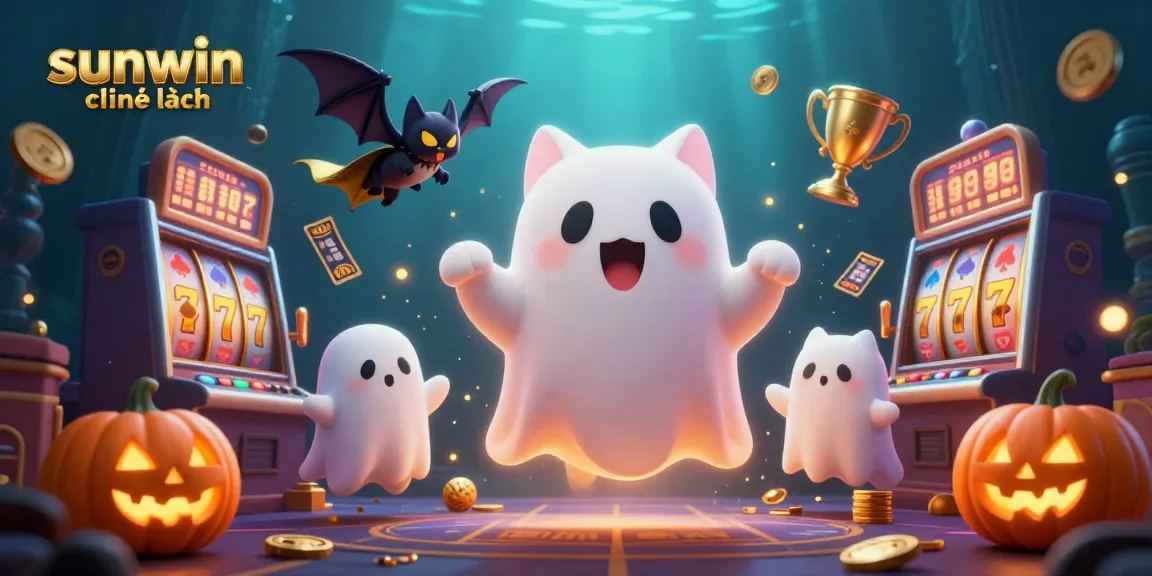 Experience thrilling gameplay with sunwin chính hãng in this captivating haunted casino scene featuring a ghost cat, bat, and exciting slot visuals.