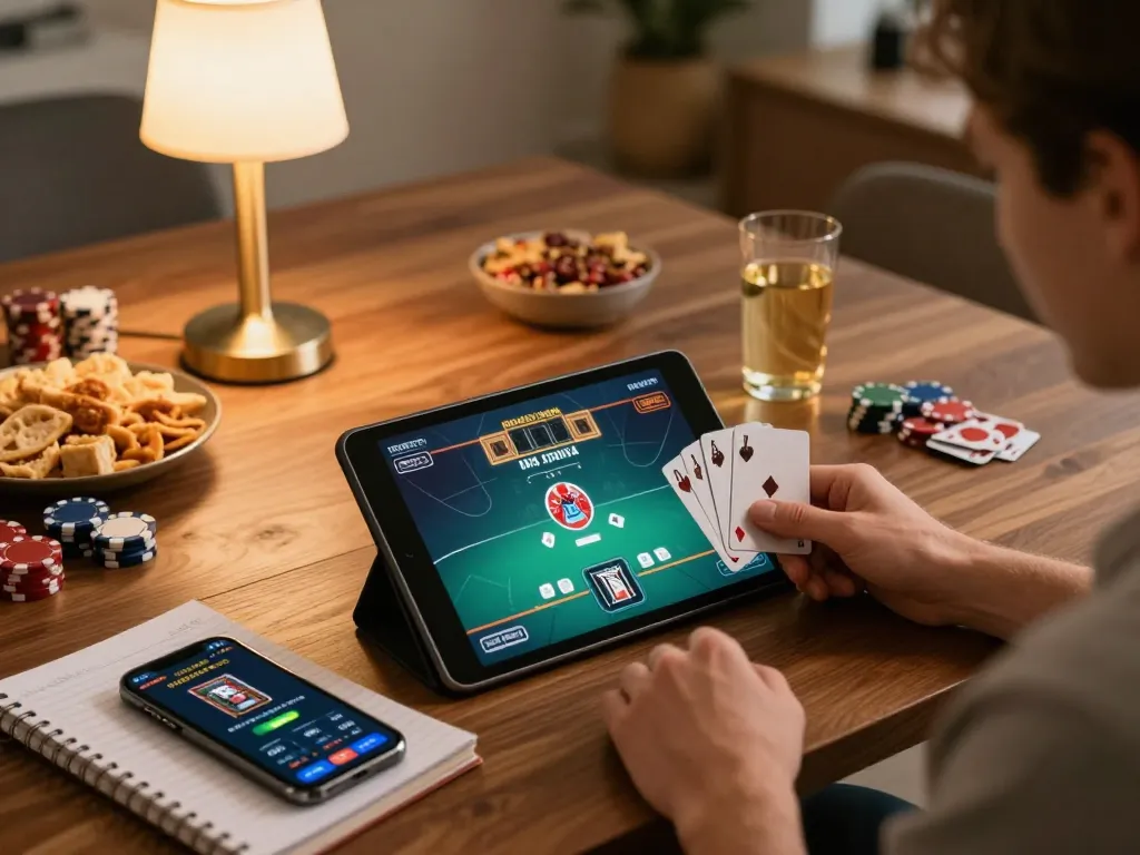 Engaging poker game on win678 com tablet at home with snacks and strategy notebook.