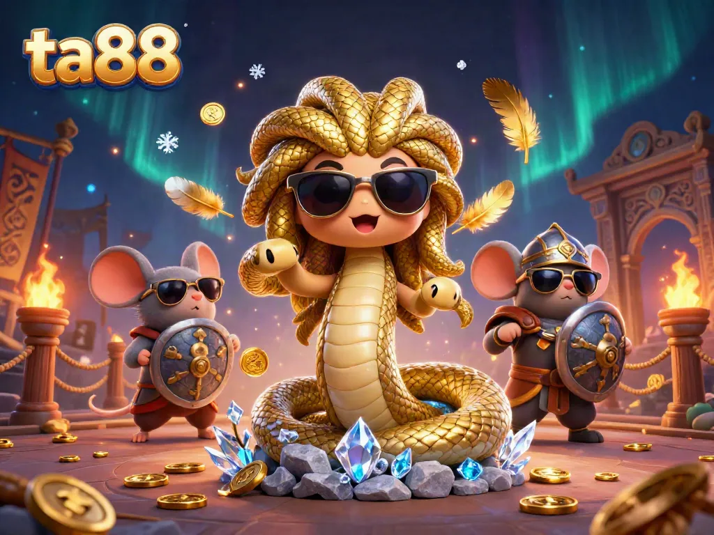 Engage with ta88's vibrant and immersive casino atmosphere featuring golden decorations and playful characters.