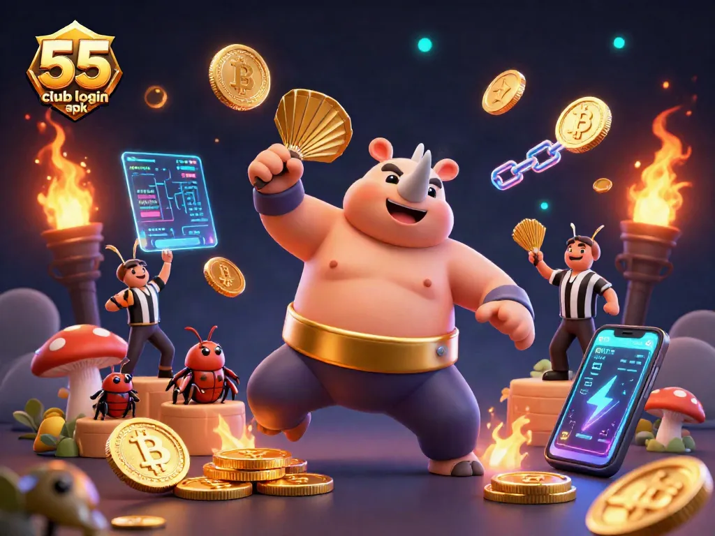 Play thrilling games with 55 club login apk featuring a beetle champion surrounded by coins and crypto elements.