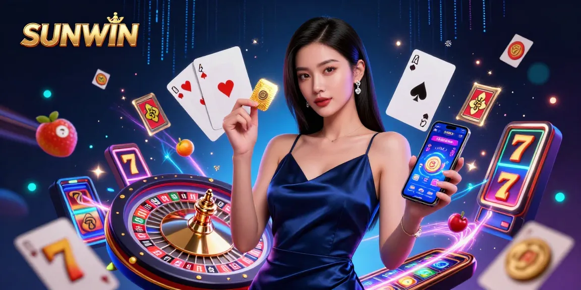 SUNWIN players engaging with a dynamic casino experience, showcasing an Asian woman holding a smartphone and golden chip.