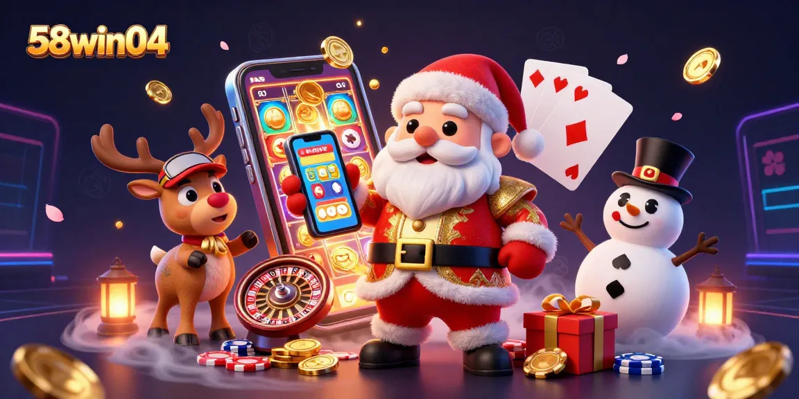 Engage with 58win04 in a vibrant casino scene featuring Santa Claus and friends enjoying slots.