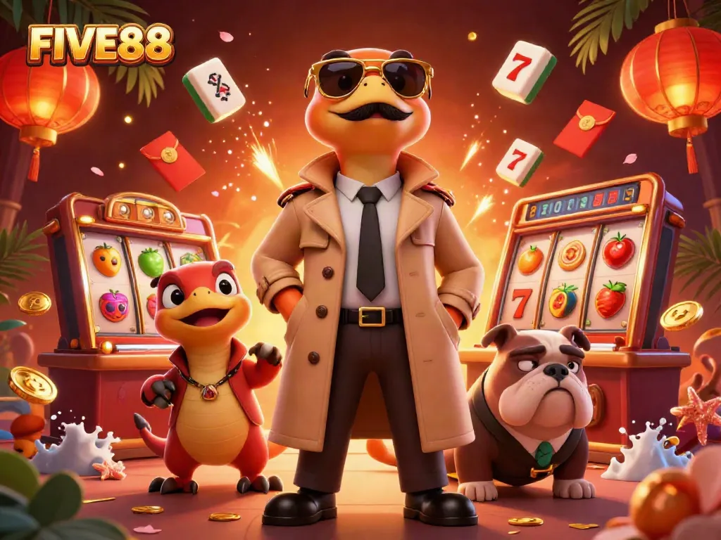 Experience the thrill of FIVE88 with playful raptors at a VIP casino, showcasing vibrant gaming elements.