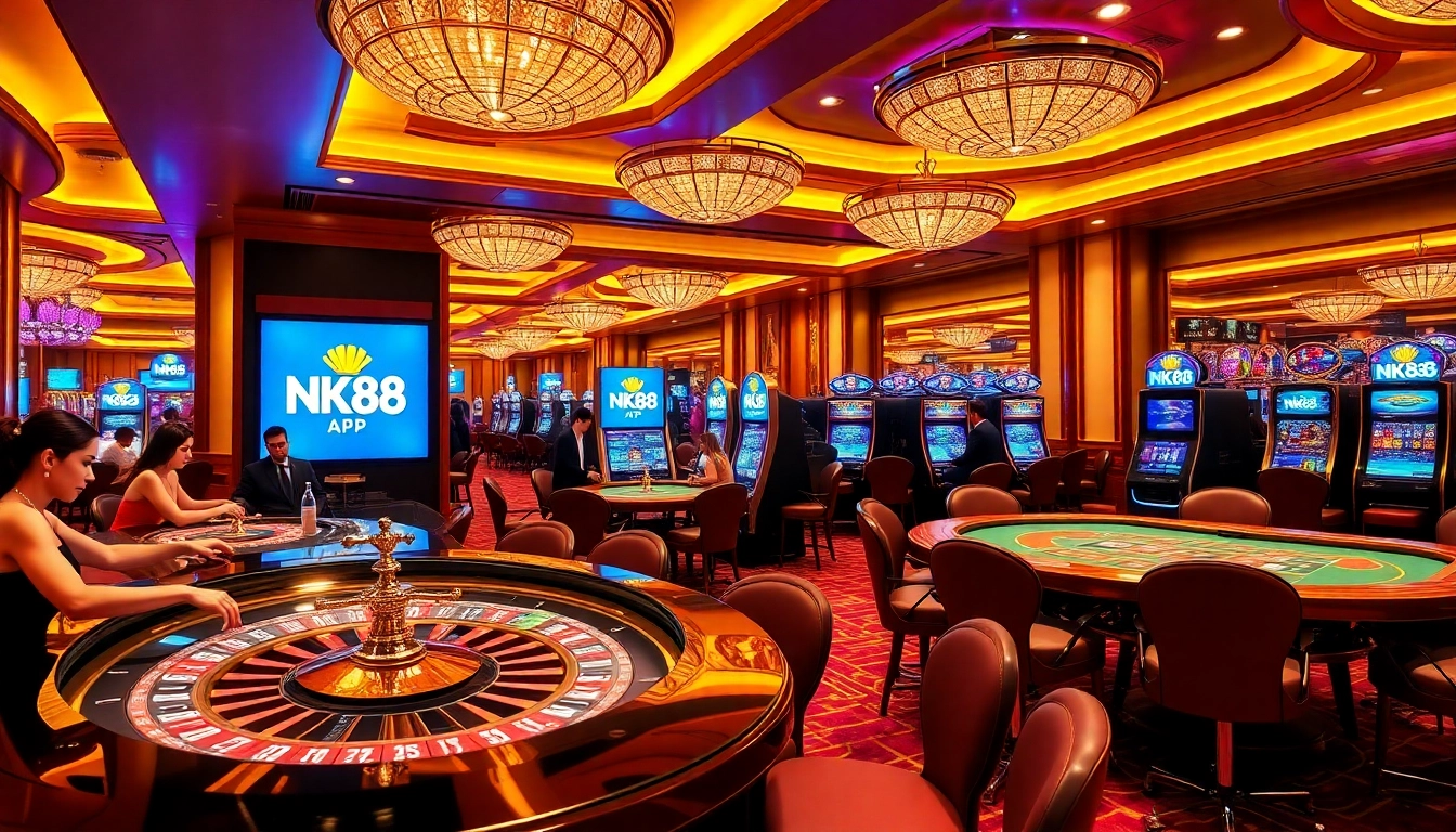 Players enjoying games at a casino featuring the NK88 APP, with vibrant poker chips and thrilling excitement in the air.