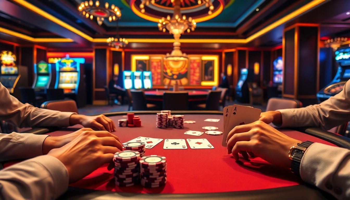 Engaged players at the 77ball com poker table immersed in a thrilling game, showcasing strategic gambling excitement.