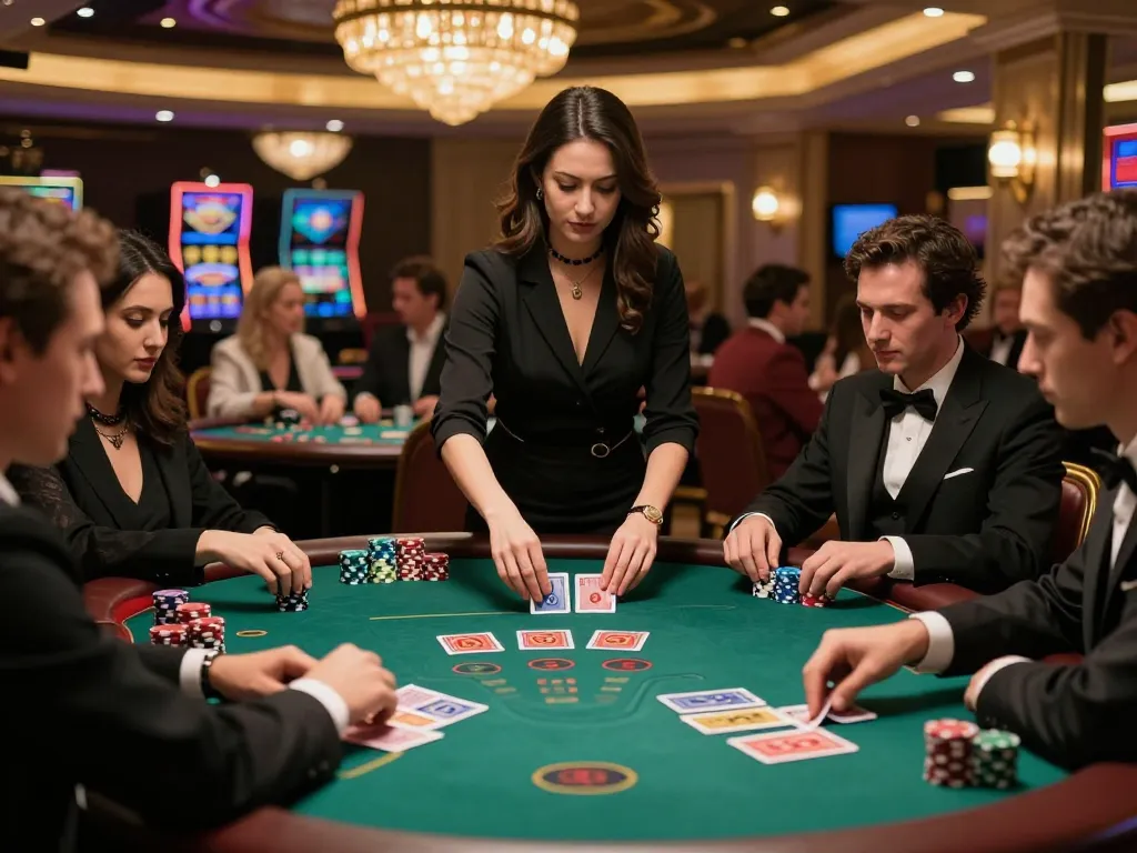Players at a high-stakes blackjack table in a luxury casino environment showcasing strategic gameplay with 7m chips.