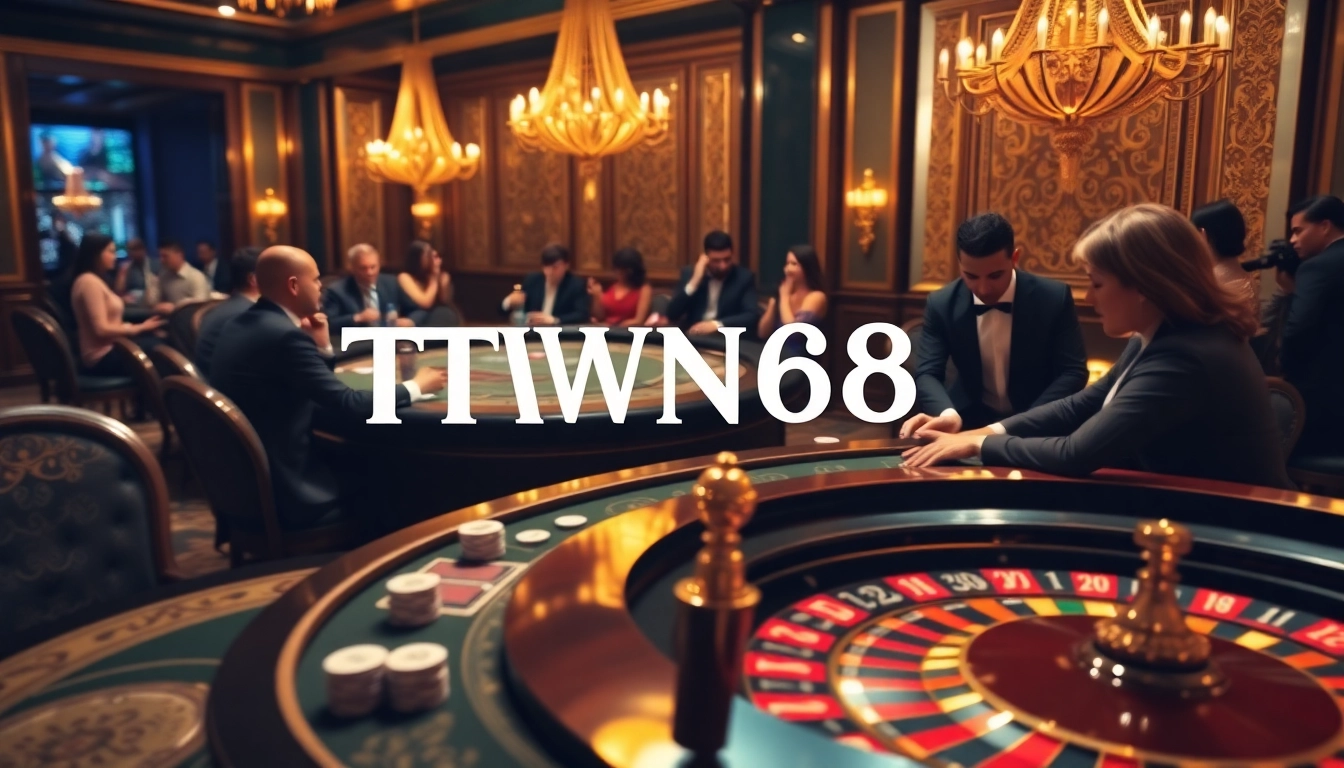 TWIN68 features vibrant gaming tables surrounded by excited players in a luxurious casino setting.
