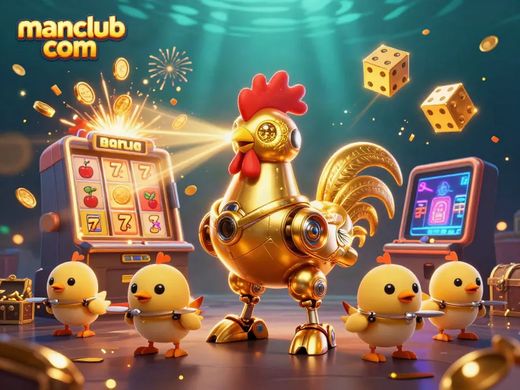 Join the excitement at manclub com with a dynamic illustration of a futuristic casino scene featuring a golden rooster robot and baby chick drones amidst a jackpot explosion.