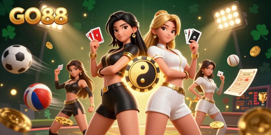 Experience the excitement of GO88 with stunning twin Asian women playing cards and dynamic gambling elements.