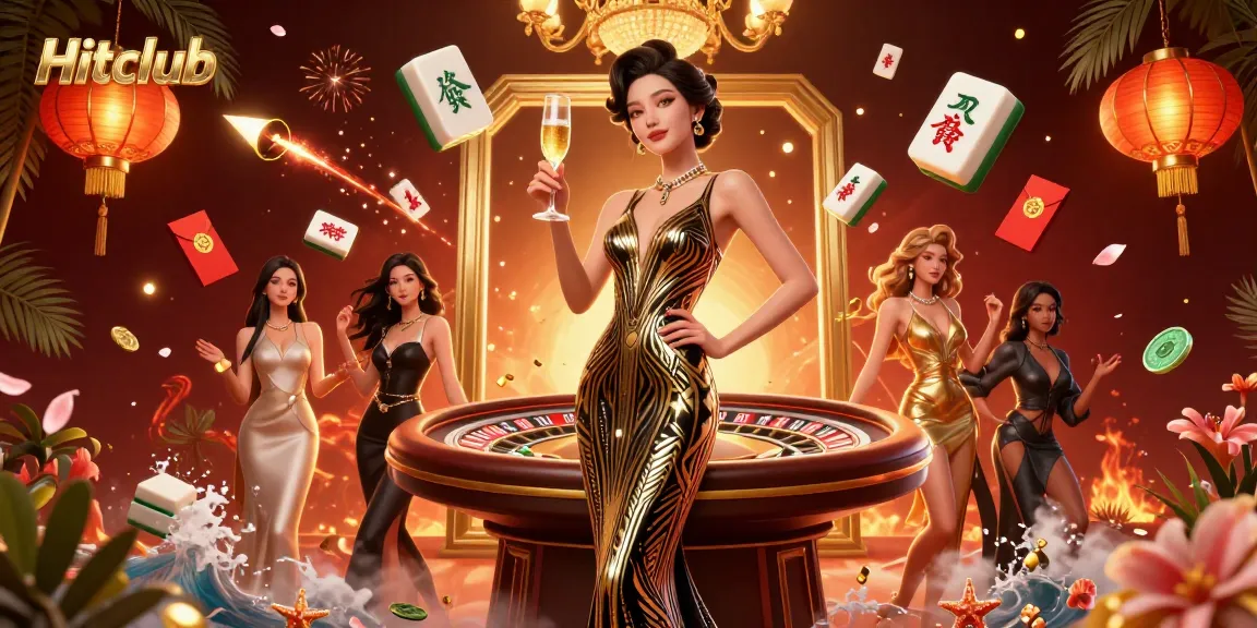 Hitclub presents an elegant scene showcasing a glamorous woman in an art deco gown, celebrating with 3D casino elements.