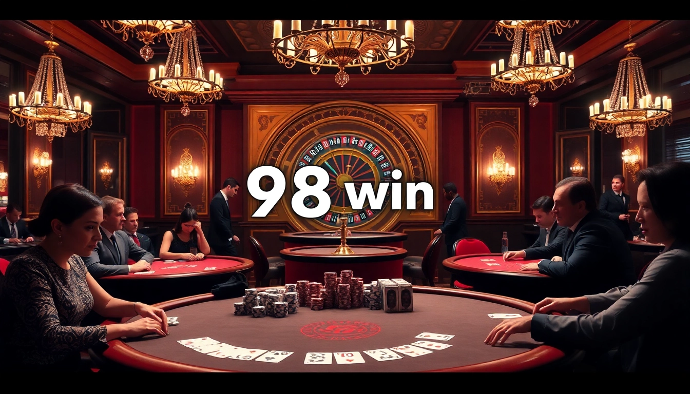 Experience the thrill of 98 win at an exquisite poker table, complete with chips and high-stakes action.