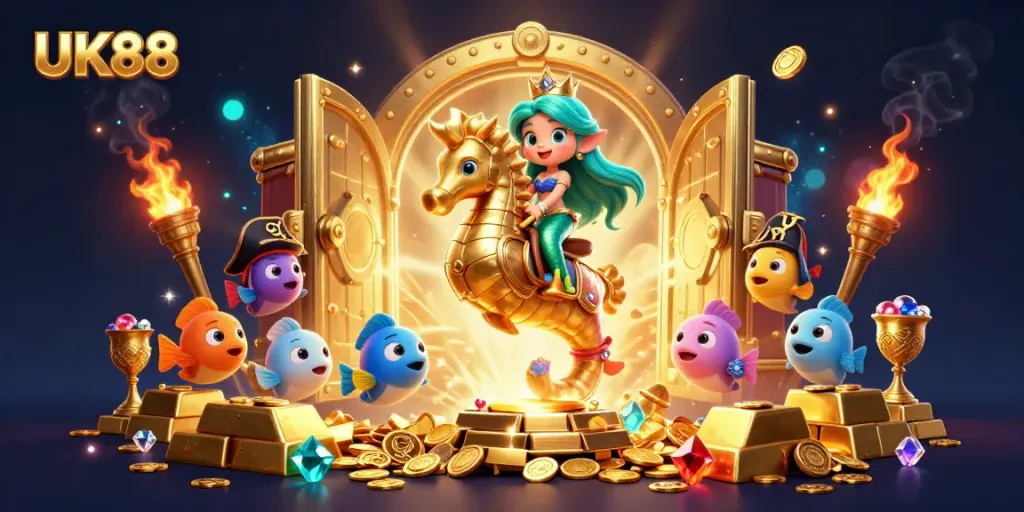 Engage with UK88's vibrant underwater casino adventure featuring a mermaid riding a seahorse.