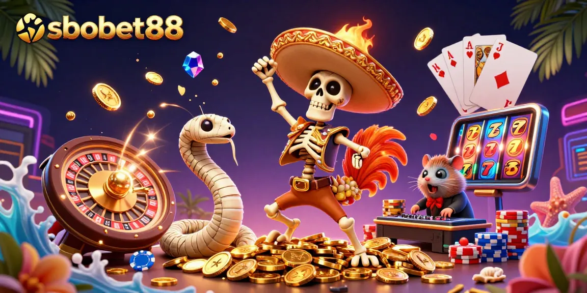 Experience the excitement of sbobet88 with a vibrant casino-themed illustration, featuring dynamic characters and elements.