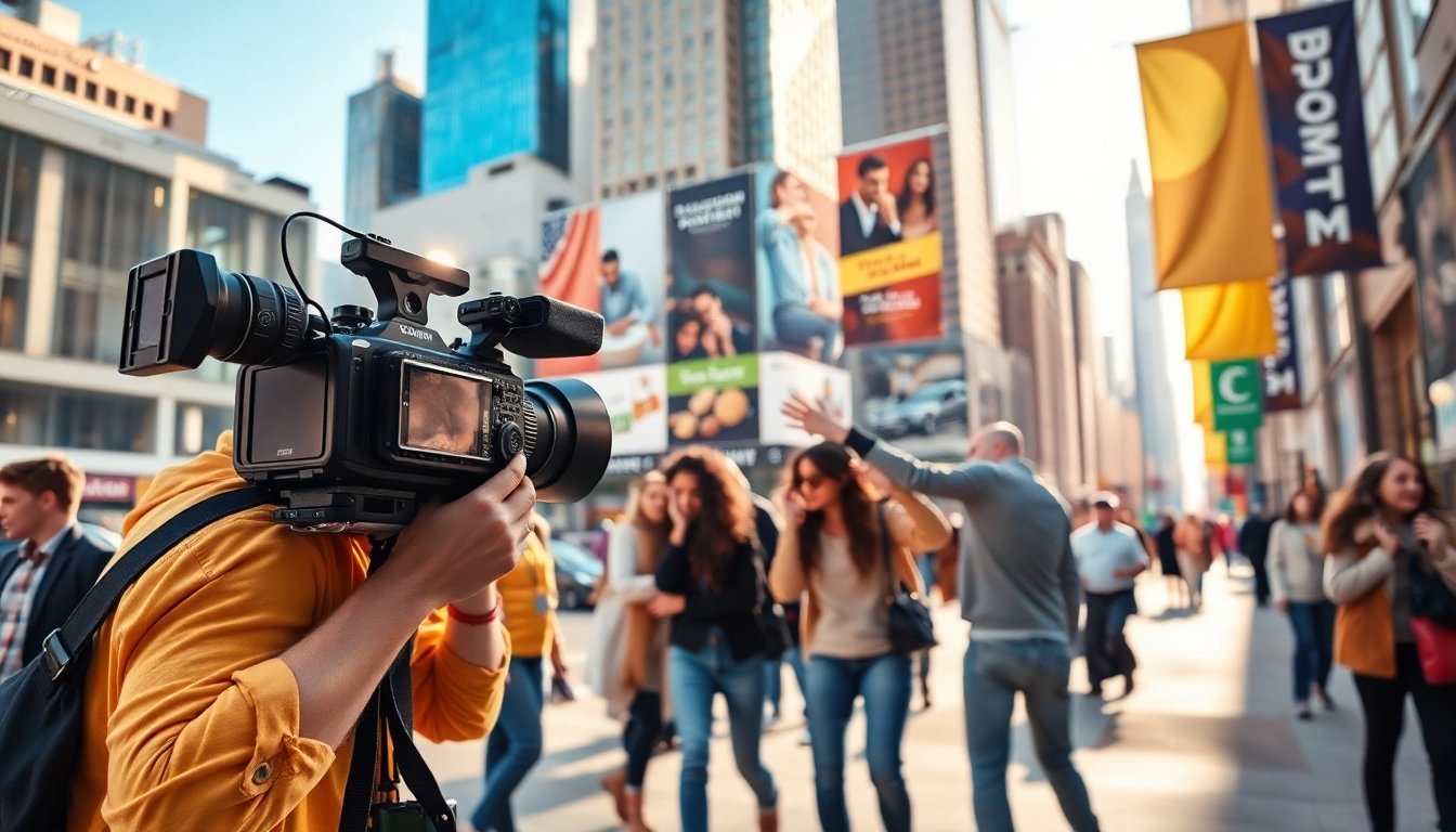 Engaging videographer creating branded content in a vibrant urban setting showcasing teamwork.