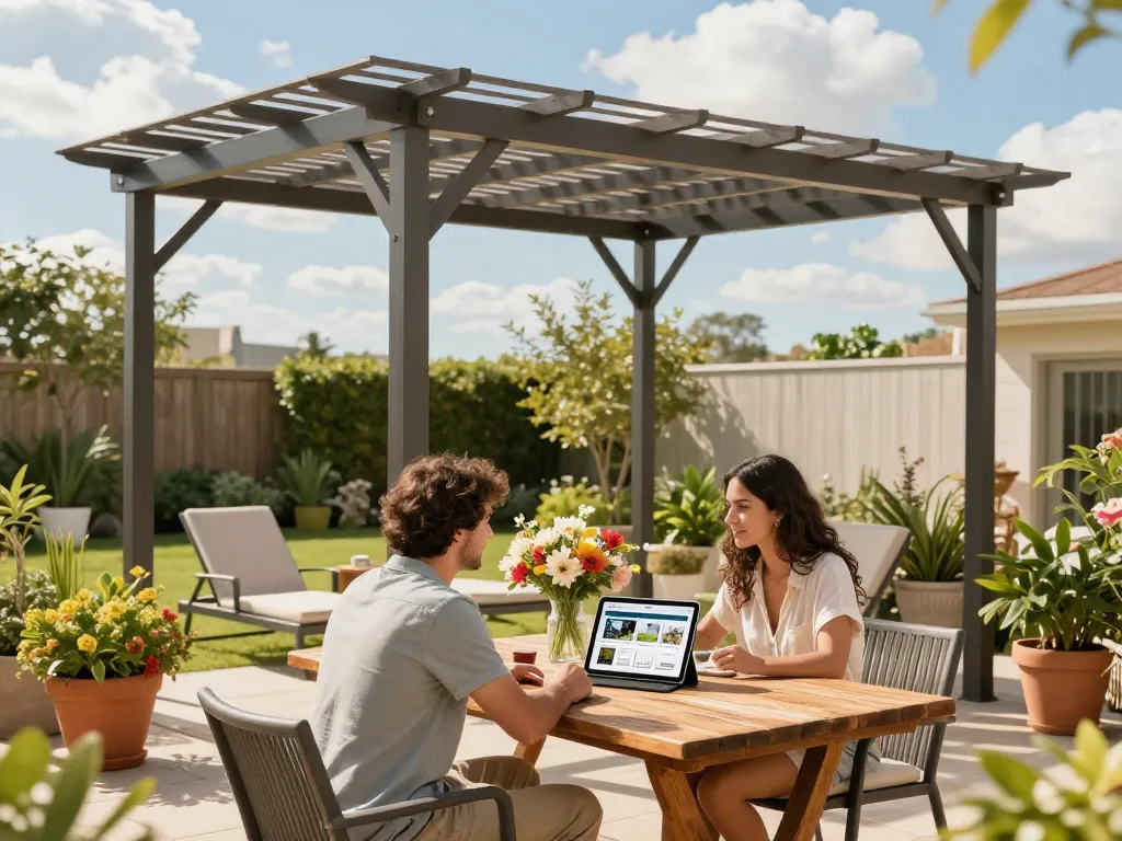 Couple using pergola configurator on a tablet under an elegant pergola with adjustable louvers in a sunny patio.