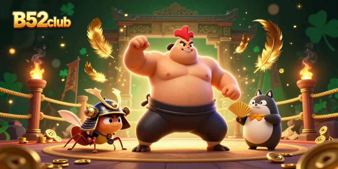B52club characters engage in an energetic gambling arena featuring gold coins and vibrant game elements.