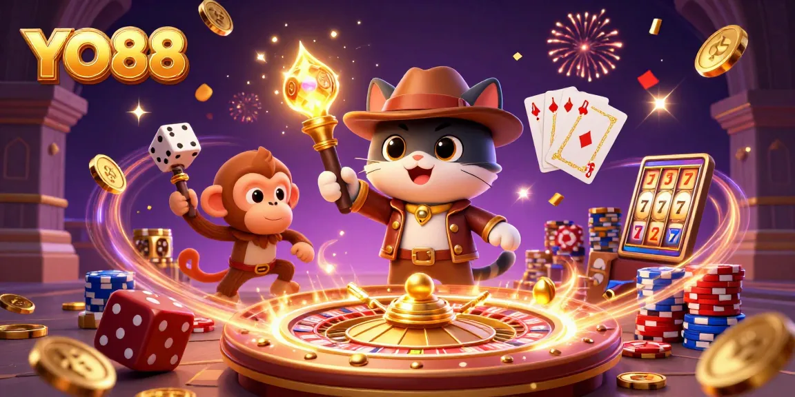 YO88 casino exploration scene with an archaeologist cat and monkey amid golden coins and exciting game elements.