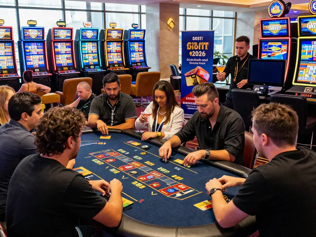 Exciting atmosphere at the best credit card casinos, players engaged in games surrounded by vibrant decor.