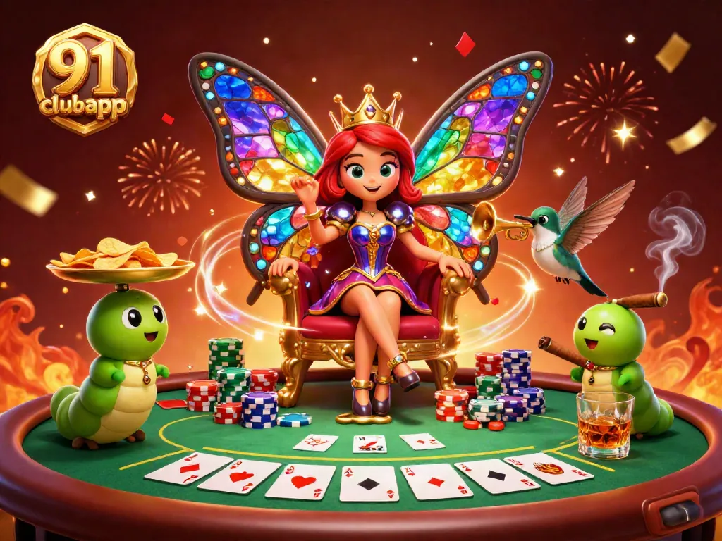 Engage with the 91 club app, where colorful characters bring casino excitement to life amidst a vibrant poker scene.