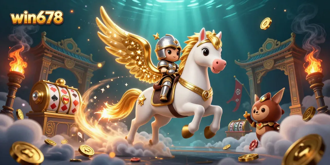Win678 players engage with thrilling casino action featuring golden elements and a mystical steed.