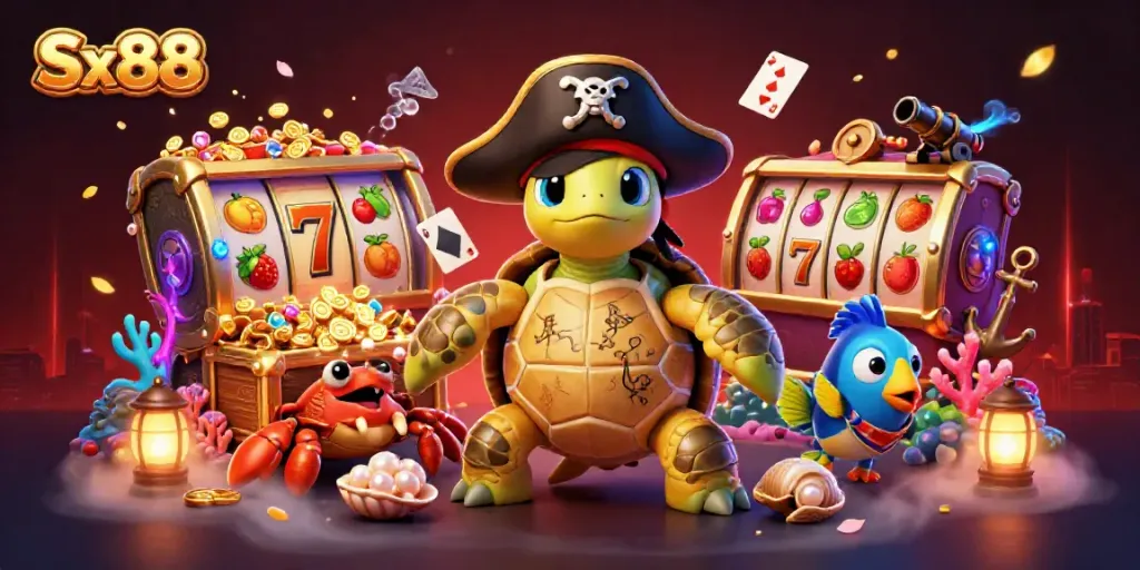 Engage in thrilling Sx88 gambling with vibrant casino characters and underwater treasures.