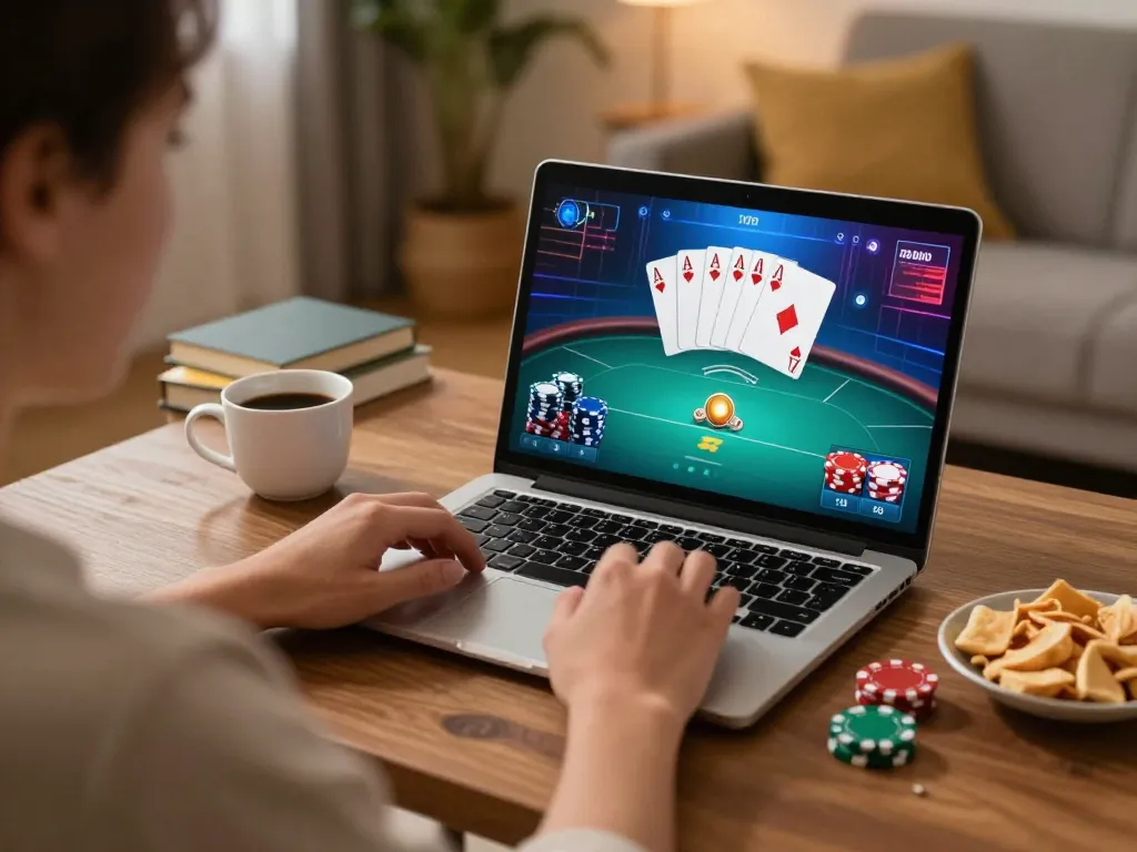 Engaged gamer playing poker online with 777x on laptop in a cozy setting