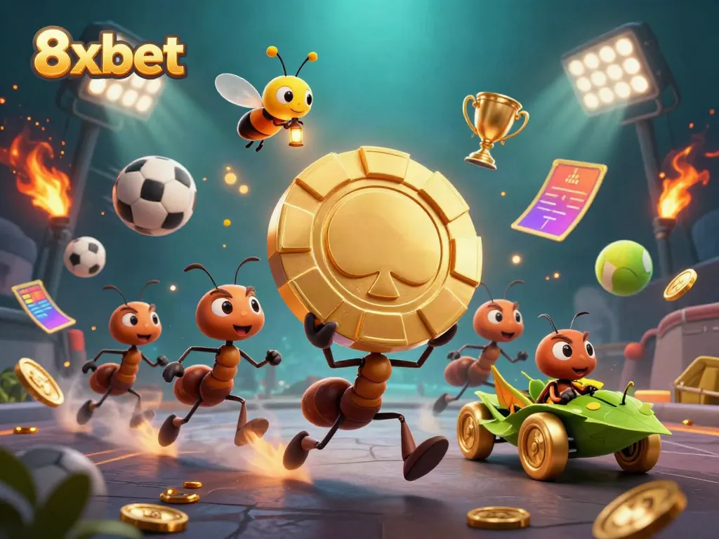 Ants carrying a giant poker chip in a dynamic scene representing 8xbet gaming experience.