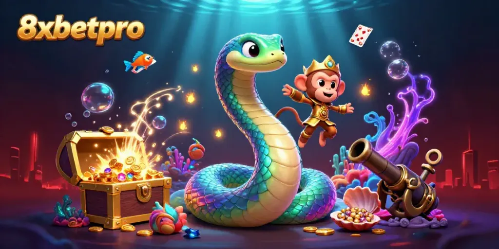 Engage in thrilling gameplay with 8xbetpro's colorful 3D illustration featuring a vibrant rainbow serpent and golden treasures.