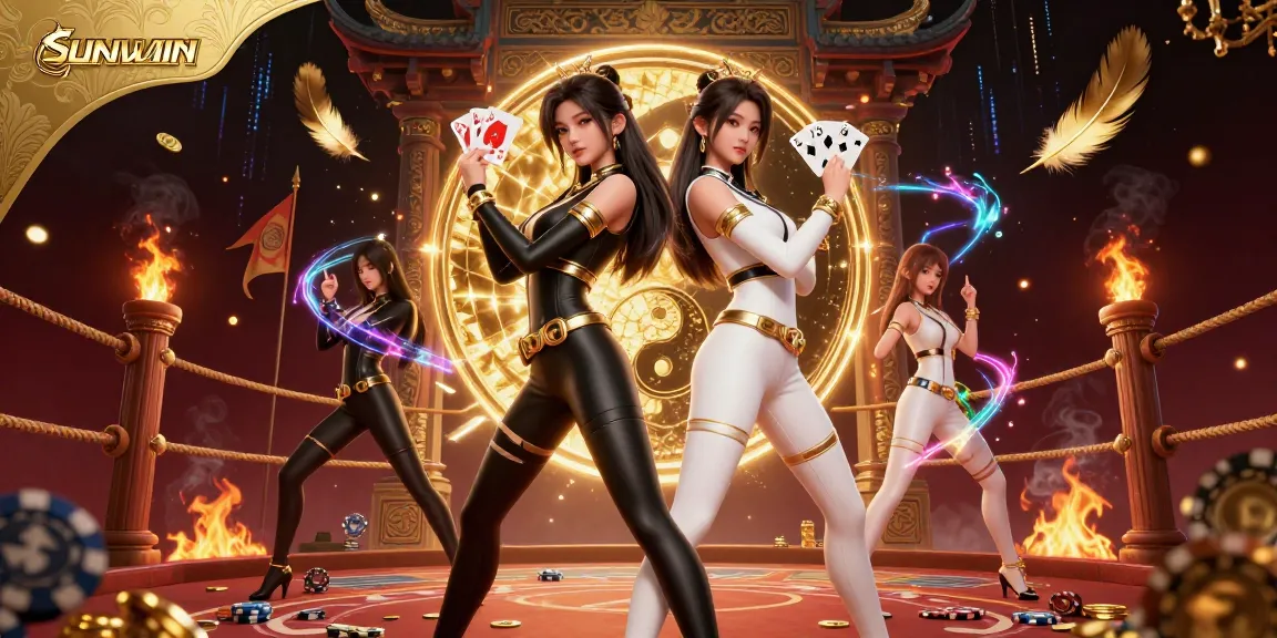SUNWIN's vibrant twin Asian women celebrate online gambling, igniting excitement with casino elements.