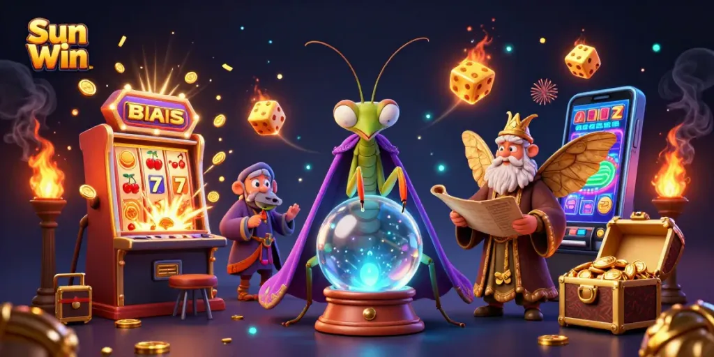 Engage with Sun Win's thrilling slots and jackpots in an enchanting casino scene filled with dynamic elements.