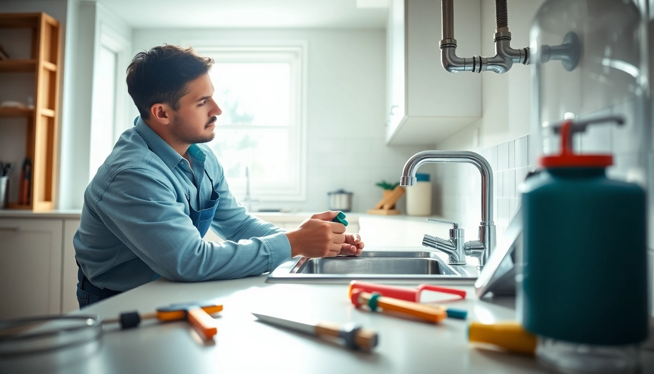 Plumber near me fixing a leak in a modern kitchen with tools at hand.