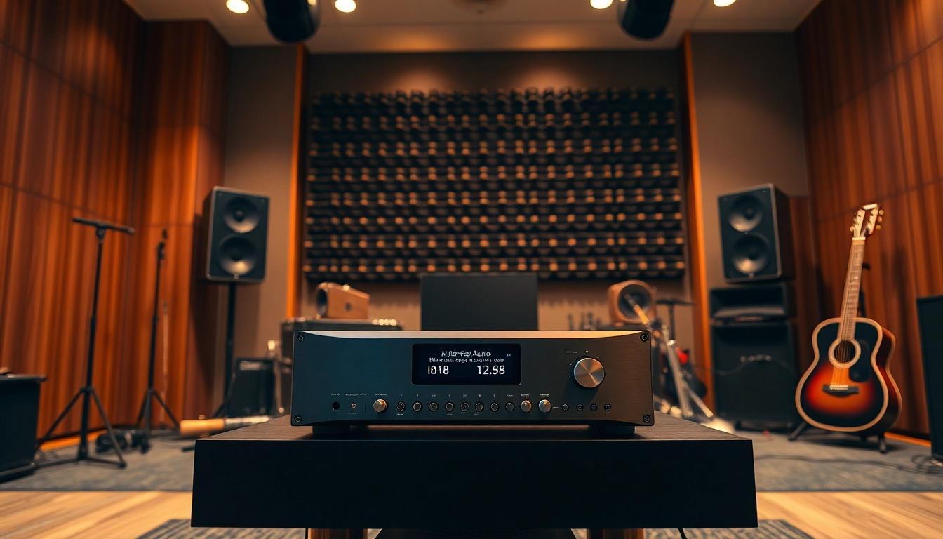 Nuforce IA +18 amplifier in a modern studio with ambient lighting and audio equipment.
