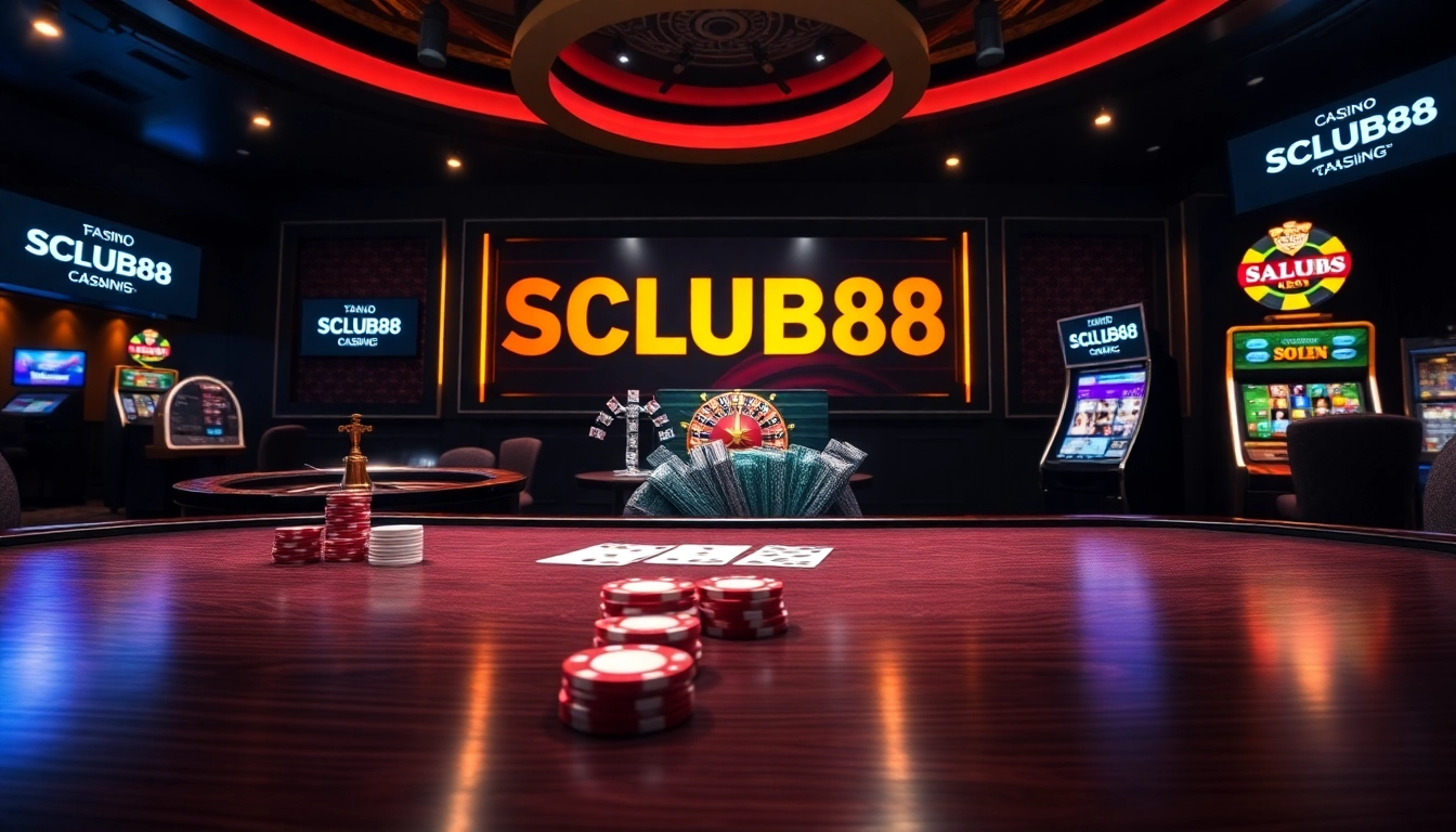 SCLUB88 offers thrilling online poker games with luxurious chips and vibrant casino lights.