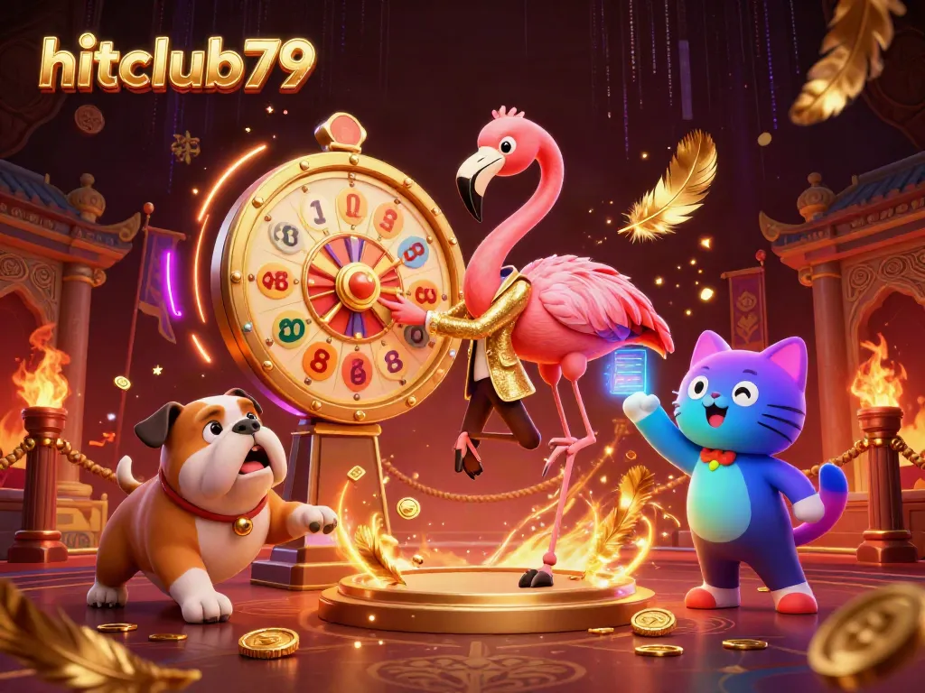 Engaging scene featuring hitclub79's cartoon flamingo host, bulldog contestant, and scoreboard cat assistant amidst dynamic gambling elements.