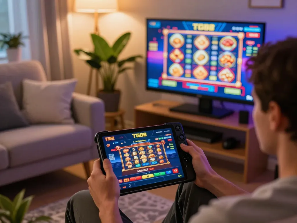 Player enjoying TG88 casino games on a tablet in a cozy home, engaging in online gambling.