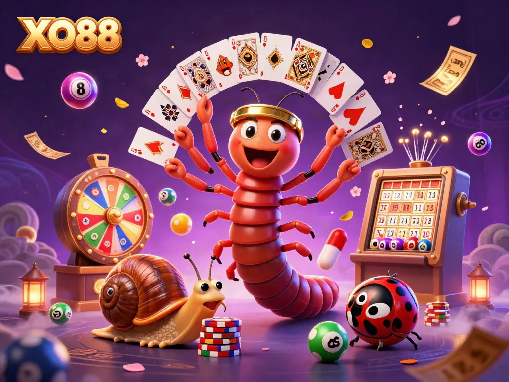 Experience the excitement of winning at XO88 with a playful illustration of a casino scene featuring a millipede dealer.