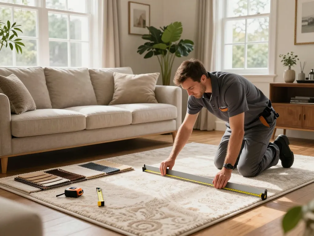Home carpet fitting services illustrated by a professional measuring and preparing for carpet installation in a cozy living room.