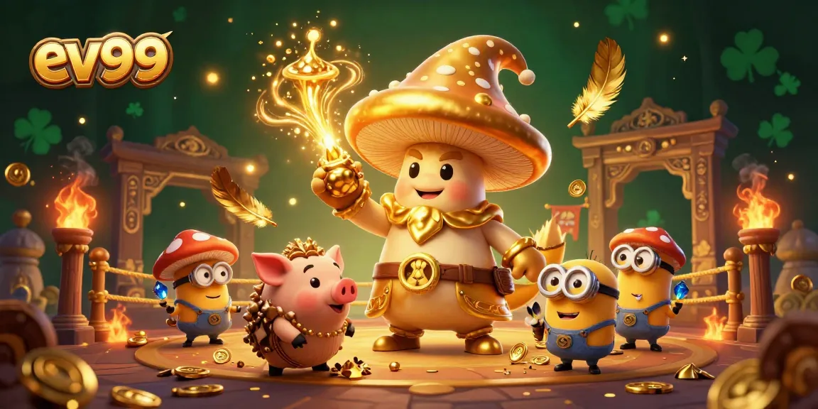 Spin and win at ev99 with a golden mushroom wizard and treasures in a vibrant casino scene.