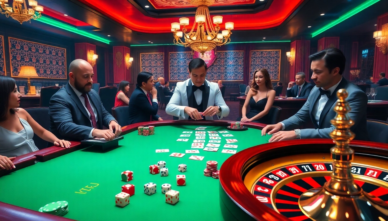 Engaging scene of players at a luxurious casino table with kuwin poker chips and vibrant atmosphere.